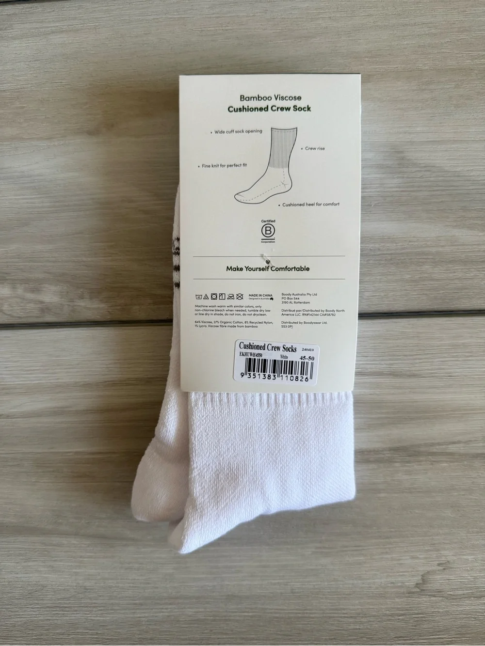 BOODY Bamboo Viscose Cushioned Crew Socks Pack of 5 White Large NWT